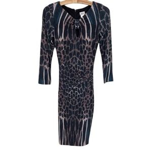 Cache Blue Grey Leopard Print Bodycon Sheath Dress XS 3/4 Sleeve Ruched